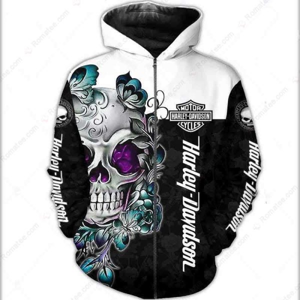 Harley-Davidson Vibrant Floral Skull Merch, Colorful Skull with Glowing Eyes Hoodie