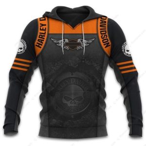 Harley Davidson Willie G Winged Skull Hoodie Edgy Black and Orange Harley Davidson Skull Emblem Pullover 1