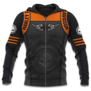 Harley Davidson Willie G Winged Skull Hoodie, Edgy Black and Orange Harley Davidson Skull Emblem Pullover