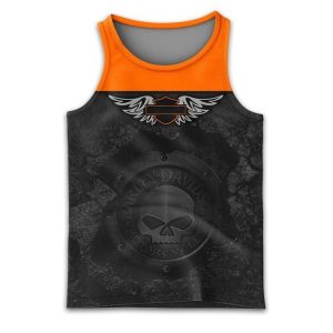 Harley Davidson Willie G Winged Skull Hoodie Edgy Black and Orange Harley Davidson Skull Emblem Pullover 4 tank top