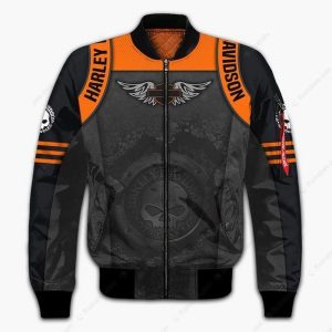 Harley Davidson Willie G Winged Skull Hoodie Edgy Black and Orange Harley Davidson Skull Emblem Pullover 5 bomber jacket