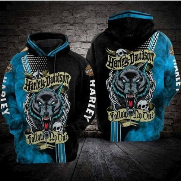 Harley-Davidson Wolf And Skull Hoodie, Follow No One with Edgy Design Harley-Davidson Hoodie