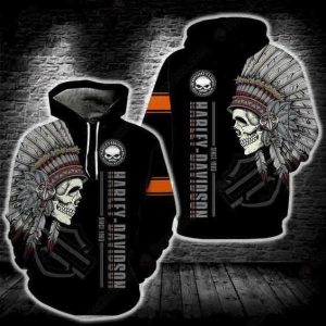 Intricate Skull with Native American Flair Hoodie, Harley-Davidson Willie G Skull Hoodie for Bikers