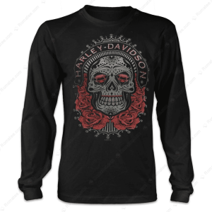 Intricate Sugar Skull with Red Roses Long Sleeve Shirt, Harley-Davidson Skull Design