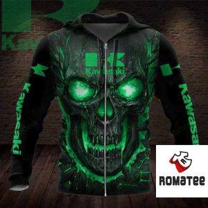 Kawasaki Glowing Green-Eyed Skull Hoodie, Vibrant Green Skull Motorsport Edition