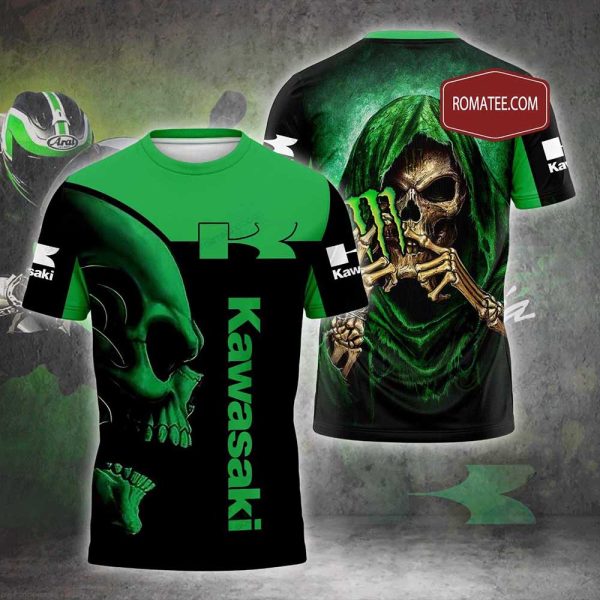 Kawasaki Monster Energy Grim Reaper T-Shirt, Edgy Biker Kawasaki Skull Tee