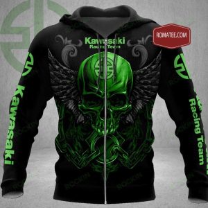 Kawasaki Racing Team Power Hoodie Bold Winged Skull Graphic Design 4 zip hoodie