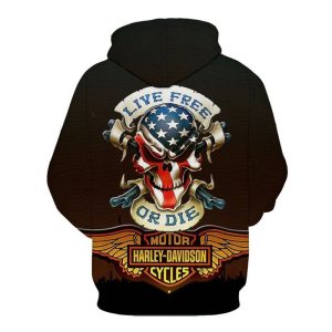 Live Free Or Die American Flag Skull Hoodie Wings With Logo Harley Davidson 3D All Over Print 1