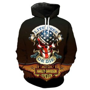 Live Free Or Die American Flag Skull Hoodie Wings With Logo Harley Davidson 3D All Over Print 2