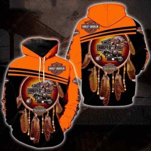 Motorcycle and Native American Harley-Davidson Hoodie, Bold Orange and Black with Feather Emblem