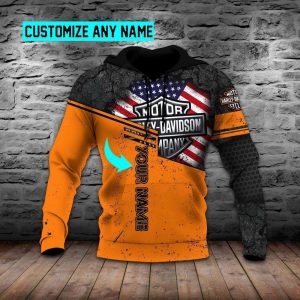 Orange and Black Harley Davidson Personalized Name Biker Hoodie Cracked Patriotic Harley Davidson Shield Logo Motorcycle Apparel 1