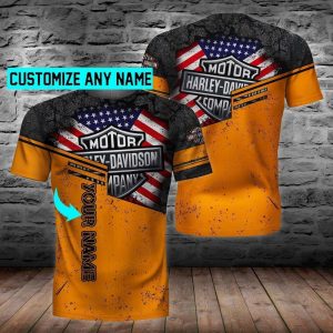 Orange and Black Harley Davidson Personalized Name Biker Hoodie Cracked Patriotic Harley Davidson Shield Logo Motorcycle Apparel 2 tshirt