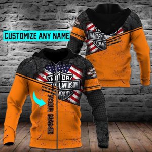 Orange and Black Harley Davidson Personalized Name Biker Hoodie Cracked Patriotic Harley Davidson Shield Logo Motorcycle Apparel 3 zip hoodie