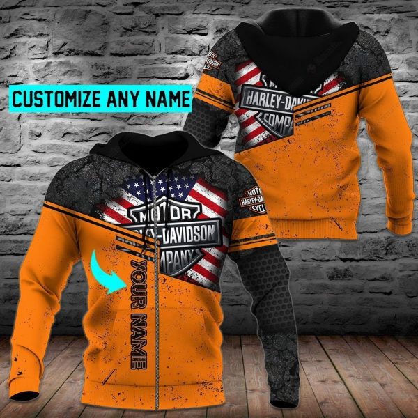 Orange and Black Harley Davidson Personalized Name Biker Hoodie, Cracked Patriotic Harley Davidson Shield Logo Motorcycle Apparel