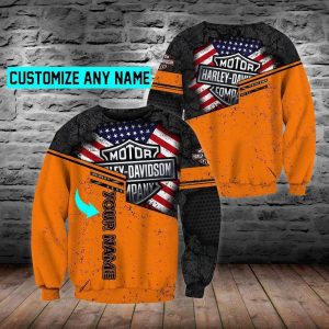 Orange and Black Harley Davidson Personalized Name Biker Hoodie Cracked Patriotic Harley Davidson Shield Logo Motorcycle Apparel 4 long sleeve