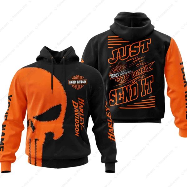 Punisher Harley-Davidson Just Gonna Send It Slogan Merch, Black and Orange with Eye-Catching Graphics