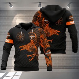 Raven and Geometric Shapes Harley-Davidson Hoodie, Striking Orange Raven Design 3D All Over Print