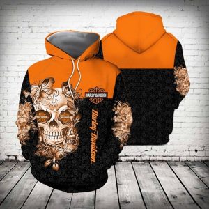 Rose Harley-Davidson Skull Merch, Life and Death Theme with Gold Accents Hoodie