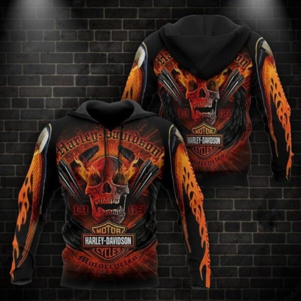 Skull Wings Flaming Harley-Davidson Merch, Bold Black Hoodie with Skull and Flame Graphics