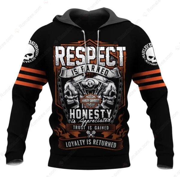 Skull With Engine Harley-Davidson Merch, Respect Is Earned Motorcycle Graphic Hoodie