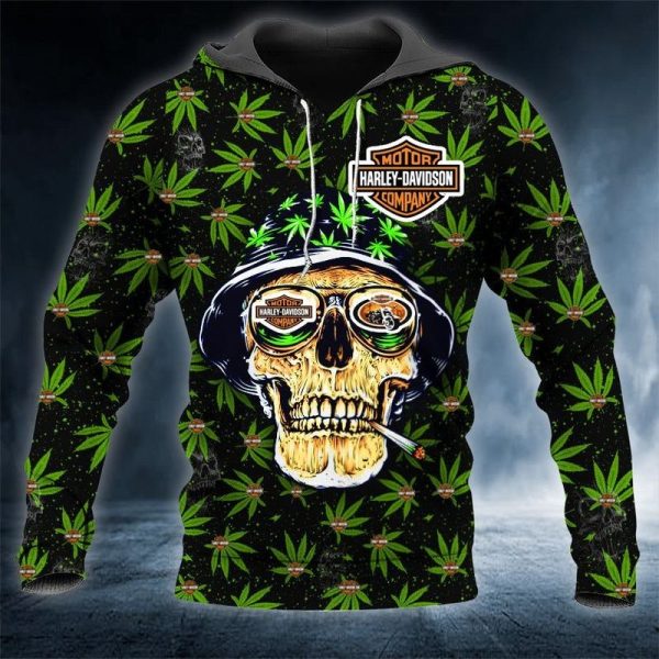 Skull with Sunglasses and Marijuana Leaves Merch, Harley-Davidson Skull Hoodie