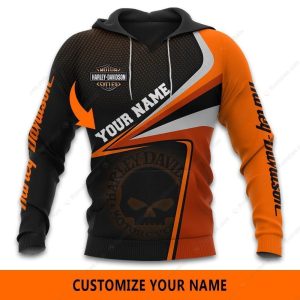 Sporty Harley Davidson Willie G Skull Custom Name Hoodie Vibrant Orange and Black Harley Davidson Personalized Motorcycle Apparel 1