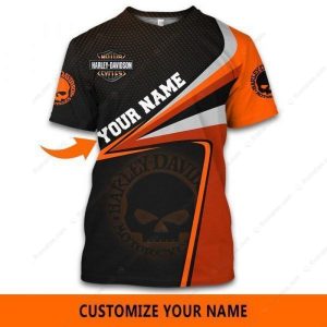 Sporty Harley Davidson Willie G Skull Custom Name Hoodie Vibrant Orange and Black Harley Davidson Personalized Motorcycle Apparel 2 tshirt