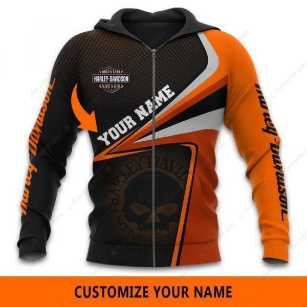 Sporty Harley Davidson Willie G Skull Custom Name Hoodie, Vibrant Orange and Black Harley Davidson Personalized Motorcycle Apparel