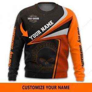 Sporty Harley Davidson Willie G Skull Custom Name Hoodie Vibrant Orange and Black Harley Davidson Personalized Motorcycle Apparel 4 long sleeve