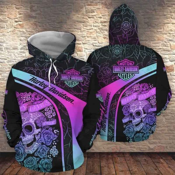 Sugar Skull And Roses Harley-Davidson Hoodie, Purple and Blue Skull Hoodie with Harley-Davidson Design