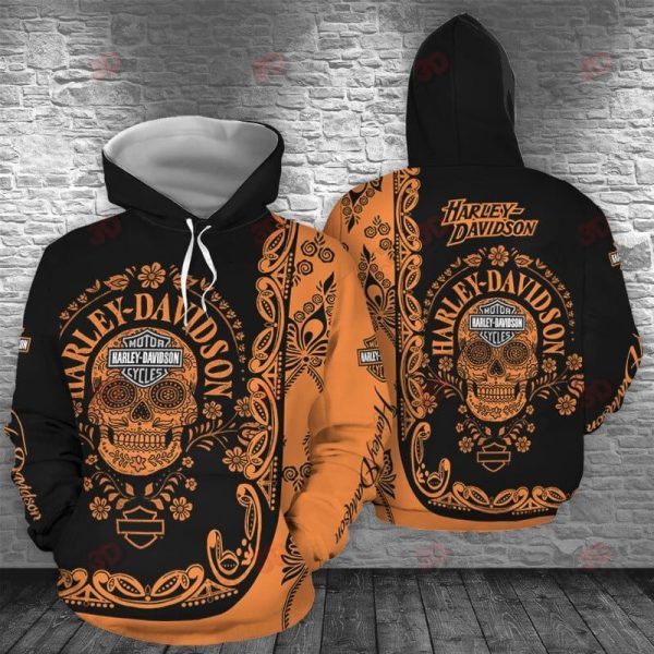 Sugar Skull Day of the Dead Harley-Davidson Merch, Harley-Davidson Skull and Flower Graphic Hoodie