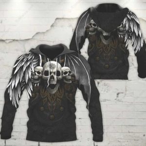 Three Skull With Dark and Light Wing Harley-Davidson Hoodie, Dramatic Black and White Harley-Davidson Hoodie