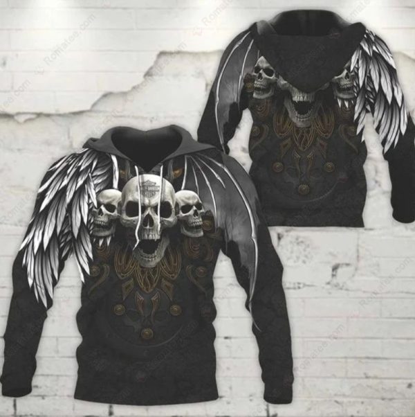 Three Skull With Dark and Light Wing Harley-Davidson Hoodie, Dramatic Black and White Harley-Davidson Hoodie