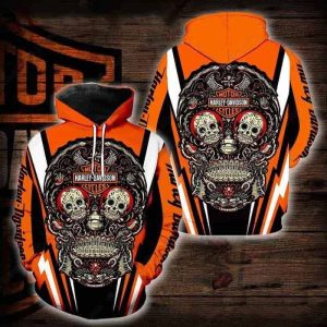 Vibrant Orange Skull Graphic Merch, Harley-Davidson Hoodie with Sugar Skull and Roses