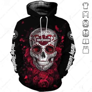 Vibrant Sugar Skull and Red Roses Hoodie, Bold Black Sugar Skull Hoodie