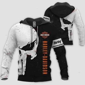 Vintage-Inspired Harley-Davidson Punisher Skull Hoodie, Dramatic H-D Twin Skull Graphic Motorcycle Pullover