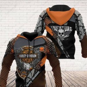 Way of Life Striking Eagle and Skull Hoodie, Harley-Davidson Geometric Patterns 3D All Over Print