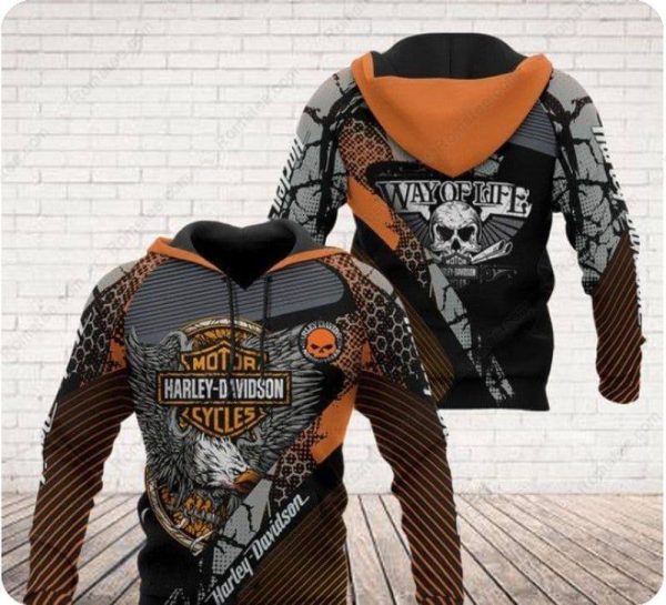 Way of Life Striking Eagle and Skull Hoodie, Harley-Davidson Geometric Patterns 3D All Over Print