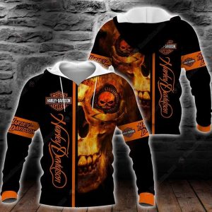 All-Over Print Harley-Davidson Skull and Flames Black with Orange Hoodie