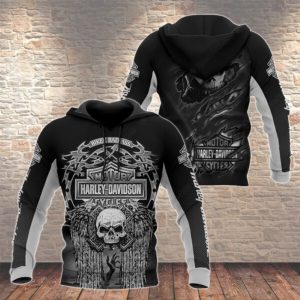 Biker Badass Skull Winged Harley-Davidson Hoodie, Edgy Design with Torn Fabric Effect