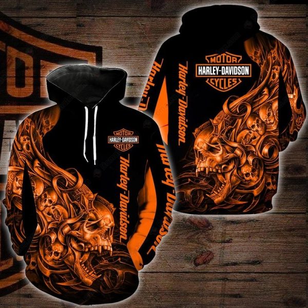 Black And Orange Flame Skull and Intricate Patterns Harley-Davidson 3D All Over Print Hoodie