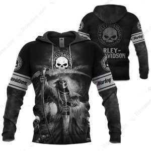 Black Harley-Davidson Grim Reaper Hoodie, Dark Rebellion And Death Theme Motorcycle 3D Shirt