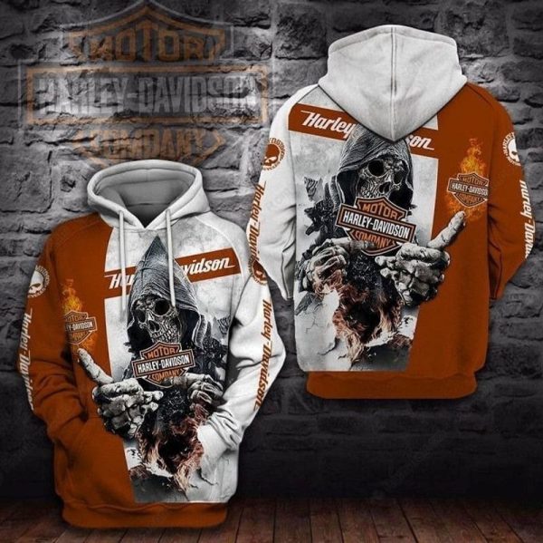 Black and Orange Harley-Davidson Grim Reaper And Flaming Harley-Davidson Logo 3D Hoodie