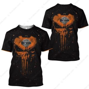 Bold Black And Orange Harley-Davidson Punisher Skull 3D Vintage All Over Print Shirt