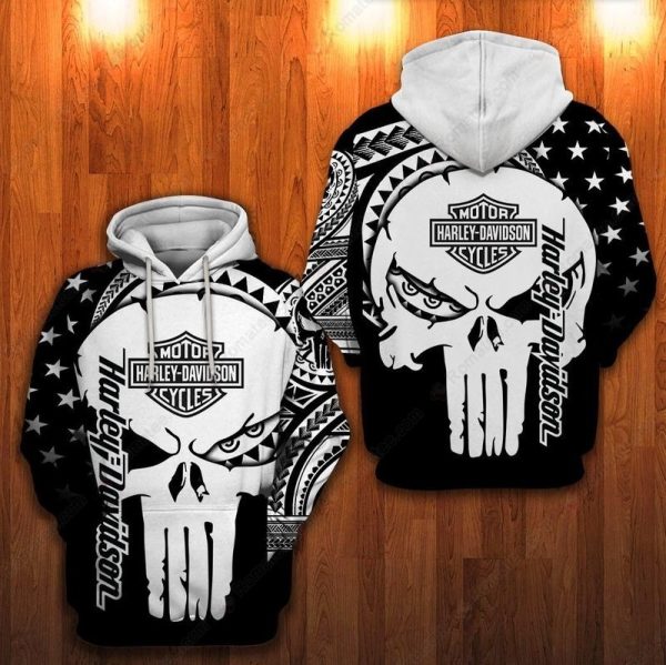 Bold Black Punisher Skull Rebellious Harley-Davidson 3D All Over Print Hoodie