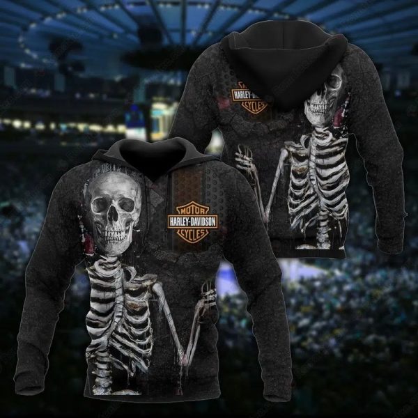 Bold Black Skeleton and Harley-Davidson Logo 3D Vintage All Over Print Hoodie