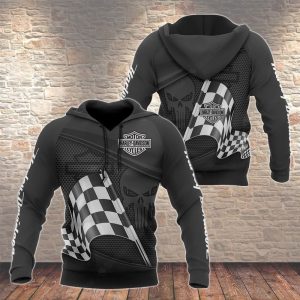 Checkered Flag And Punisher Logo Merch, Harley-Davidson Racing-Inspired Hoodie