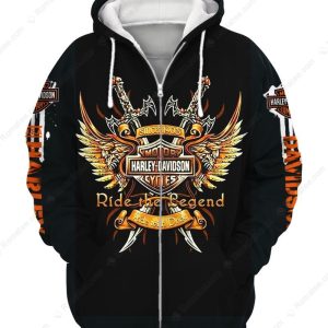 Crossed Swords and Wings Harley-Davidson Legacy Hoodie, Ride the Legend with Flames and Ornate Details