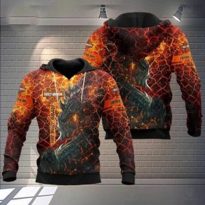 Dragon and Lava Harley-Davidson Hoodie,  Fantasy Dragon Artwork with Cracked Earth 3D All Over Print