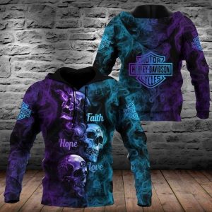 Faith Hope Love With Swirling Smoke Harley-Davidson Hoodie, Harley-Davidson Gothic Skull 3D All Over Print